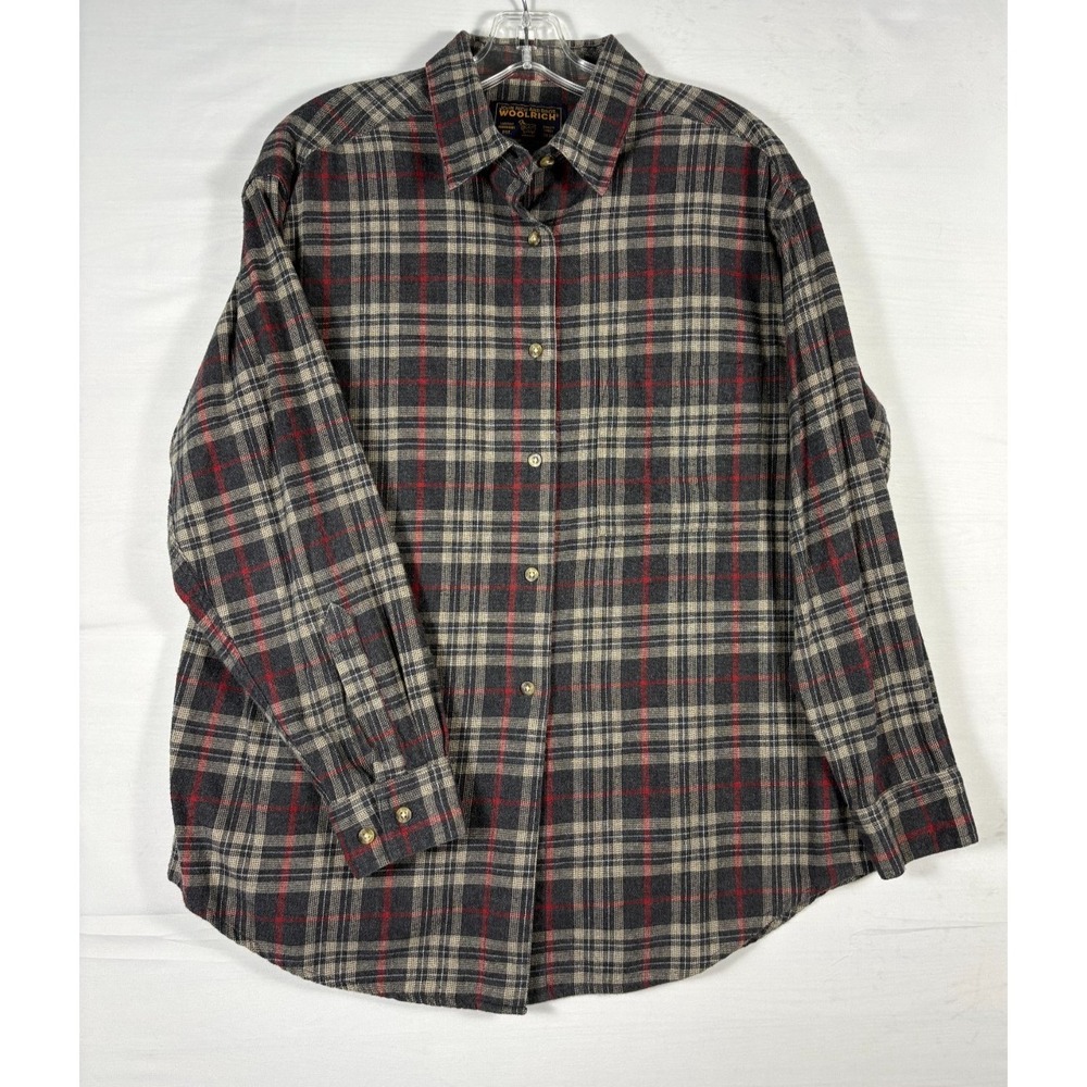 Woolrich John Rich and Bros Womens L Plaid Flannel Oxford Shirt Grey Red 4740WS